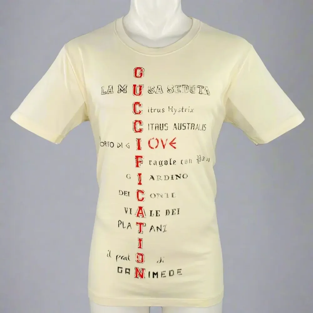 GUCCI Size S Cream Red Black Print Short Sleeve T-shirt
